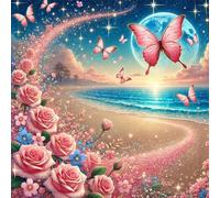 Jigsaw Puzzles For Adults 70 piece,Pink Rose Butterfly Beach jigsaw puzzle 16x16 cm Challenging puzzles,DIY Puzzle for Home Decoration Family Perfect Game