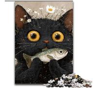 Jigsaw Puzzles for Adults Black Cat Eating Fish, Educational Toys for Is Ideal As A Gift for The Whole Family for And 14 Years Old (Size 26x38cm)