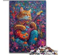 Jigsaw Puzzles for Adults Cat Playing Guitar Among Flowers Challenging Puzzles 50X75CM Relax & Challenge, Colorful Home Decor Art, for Friends
