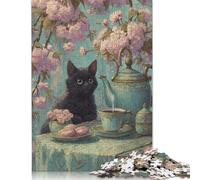 Jigsaw Puzzles for Adults Cherry Blossom Tea Party with Black Cat Puzzles for Adults 300 Pieces Creative Wooden Puzzles Intellectual Toy Family Games 300pcs (40x28cm)