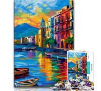 Jigsaw Puzzles for Adults Painting of Napoli Italy Waterfront,Help The Brain Exercise Addictive Toys to Cultivate Patience Perfect Decoration 38x26cm