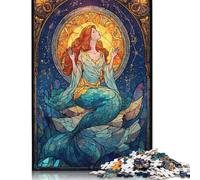 Jigsaw Puzzles for Adults Stained Glass Mermaid Square Wooden Puzzles Unique Piece Puzzle Educational Fun Games Toys 500pcs (52x38cm)