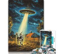 Jigsaw Puzzles for Adults Teenagers Jigsaws Puzzle Alien Spaceship And Cows,for Educational Game Challenge Toy Birthday Present,Gifts,Wall Art (75x50cm)