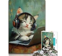 Jigsaw Puzzles for Adults Teenagers Jigsaws Puzzle Cat Listening to Music,Stress Reliever Staycation Kill Time Wishlist with Santa Claus 75x50cm