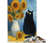 Jigsaw Puzzles for Adults Vincent's Sunflowers with Feline Friend 500 Pieces Jigsaw Puzzles Wooden Puzzles Puzzles for 18 Year Olds Up Great Gift for Adults 500pcs (52x38cm)