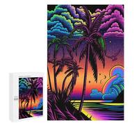 Jigsaw Puzzles for Adults1000 PCS Neon Palm Beach Sunset Puzzle for Adults Fun Games Wall Decoration Deal As Gifts for The Whole Family 1000 PCS