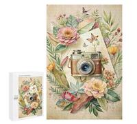 Jigsaw Puzzles for Adults1000 PCS Vintage Camera with Floral Watercolor Accents Adult Puzzles Brain Teaser Game Home Decoration Help The Brain Exercise 1000 PCS