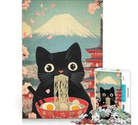 Jigsaw Puzzles for Adults1000 Piece Black Cat Eating Ramen with Mount Fuji, DIY Toys, Enhance Memory, Deal As Gifts for The Whole Family 38x26cm