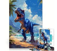 Jigsaw Puzzles for Adults1000 Piece Blue T-Rex on Beach Seamless Fit Art, Focus Game Gift, Rest Time Play, Birthday Game Gift (38x26cm)