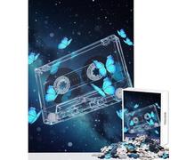 Jigsaw Puzzles for Adults1000 Piece Cassette Tape with Blue Butterflies DIY Toys Great Gift Relax Games with Matching Poster And Trivia Sheet Size 50x75cm