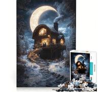 Jigsaw Puzzles for Adults1000 Piece Cozy Cabin Under Crescent Moon, Educational Toy, Difficult And Challenge, Improving Love between Couples 38x26cm