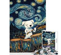 Jigsaw Puzzles for Adults1000 Piece Dog Playing Drums Starry Night Practical Game Pattern Assembly Anti-Stress Toys Interesting Stress Reduction (38X52CM)