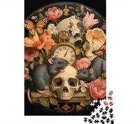 Jigsaw Puzzles for Adults1000 Piece Floral Clock with Skull And Rats Jigsaw for Adults Hands-on Game Wall Decoration for Birthday, Chrismas 70x50cm/1000pcs