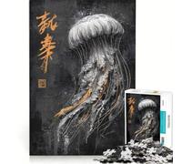 Jigsaw Puzzles for Adults1000 Piece Jellyfish Ink Art with Asian Script Hands-on Game Precision Cutting Birthday And Unique Gifts 38x26cm