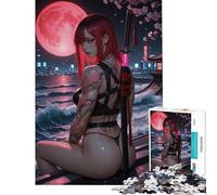 Jigsaw Puzzles for Adults1000 Piece Red-haired Tattooed Warrior with Katana Under The Moon Educational Challenge For Family Fun Fun Games for And 14 Years And over (38X52CM)