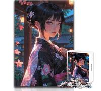 Jigsaw Puzzles for Adults1000 Pieces Anime Girl in Kimono︰ Enchanting Sakura Maiden Beautiful Design Game Perfect Decoration Anti-Stress Toys Size 50x75cm