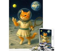 Jigsaw Puzzles for Adults1000 Pieces Astronaut Cat Playing Tennis on Moon Practical Game Perfect Decoration Toy Wall Decor for Is Ideal As A Gifts (38X26CM)