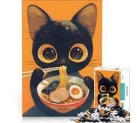 Jigsaw Puzzles for Adults1000 Pieces Black Cat Eating Ramen Illustration, Impossible Game, Fun at Home Activities, Christmas Birthday Gifts 50x75cm