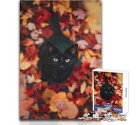 Jigsaw Puzzles for Adults1000 Pieces Black Cat in Autumn Leaves Soothing Relaxing Leisure Time Accurate Interlock Precision Toy Size 38x52cm
