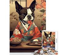 Jigsaw Puzzles for Adults1000 Pieces Boston Terrier Eating Food Educational Toy Birthday Gift Fun Games Enhance Love between Couples Size 38x52cm