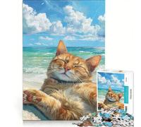 Jigsaw Puzzles for Adults1000 Pieces Cat Relaxing on Beach Summer, Relaxing Games, Difficult Hard, with Matching Poster And Trivia Sheet 50x75cm