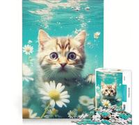Jigsaw Puzzles for Adults1000 Pieces Cat Swimming in Water, Relaxing Games, Difficult Hard, with Matching Poster And Trivia Sheet 38x26cm