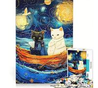 Jigsaw Puzzles for Adults1000 Pieces Cats in A Boat, Starry Night Style, Hands-on Game, Decompressing Intellectual, Suitable for Desktop Decoration 50x75cm