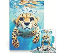 Jigsaw Puzzles for Adults1000 Pieces Cheetah Cub Swimming Underwater Illustration, Relaxing Games, Difficult Hard, with Matching Poster And Trivia Sheet 38x26cm
