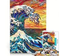 Jigsaw Puzzles for Adults1000 Pieces Stained Glass Hokusai Wave, Hands-on Game, Decompressing Intellectual, Suitable for Desktop Decoration 50x75cm