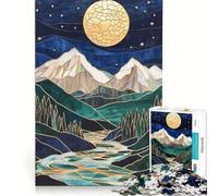 Jigsaw Puzzles for Adults1000 Pieces Stained Glass Mountain Night, Relaxing Games, Difficult Hard, with Matching Poster And Trivia Sheet 38x26cm