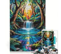 Jigsaw Puzzles for Adults1000 Pieces Stained Glass Waterfall Wonder A Luminous Path Through The Enchanted Forest, Relaxing Games, Difficult Hard, with Matching Poster And Trivia Sheet