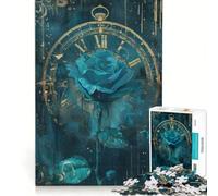 Jigsaw Puzzles for Adults1000 Pieces The Big Clock And Blue Rose Flower Brain Teaser Game Pattern Assembly Great Gift for Gaming 38x52cm