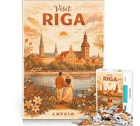 Jigsaw Puzzles for Adults1000 Pieces Travel Poster Riga, Relaxing Games, Difficult Hard, with Matching Poster And Trivia Sheet 38x52cm