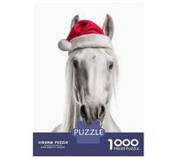 Jigsaw Puzzles for Adults1000 Pieces White Horse with Santa Hat Adult Puzzles Fun Games Difficult Challenge Fun at Home Activities, 38x26cm/1000pcs
