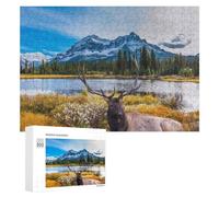 Jigsaw Puzzles for Adults300 PCS Elk Resting by Serene Lake with Snow-Capped Mountains in Background Teenagers Puzzles Anti-Stress Toys Presents for Women Fun Activities at Home 300 PCS