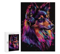 Jigsaw Puzzles for Adults300 PCS Neon Wolf Headphones Art Print Jigsaw for Adults Brain Teaser Game Pattern Assembly Unique Birthday And Gifts 300 PCS