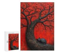 Jigsaw Puzzles for Adults300 PCS Sleeping Black Japan Cat Beneath Red Tree Adult Puzzles Brain Teaser Game Home Decoration Help The Brain Exercise 300 PCS