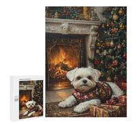 Jigsaw Puzzles for Adults500 PCS Christmas Maltese Dog by Fireplace Puzzle for Adults DIY Toys Staycation Kill Time Fun at Home Activities, 500 PCS