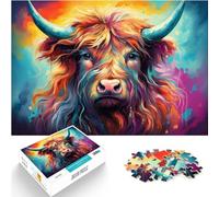 Jigsaw Puzzles For Colorful Psychedelic Charcoal Highland Cow 1000 Pieces Puzzle for Adults Wooden Jigsaw Puzzle Family Decoration(50x75cm)