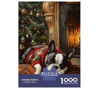 Jigsaw Puzzles for Teenagers 1000 Boston Terrier in Sweater by Fireplace Painting Puzzles for Adults Hands-on Game Stress Reliever Help The Brain Exercise 38x26cm/1000pcs
