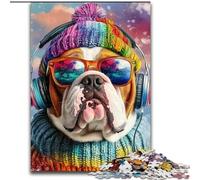 Jigsaw Puzzles for Teenagers 1000 Bulldog Listening to Music, Suitable for People Aged 14 And Above Challenging To Complete But Fun And Humorous Great Gift 26x38cm
