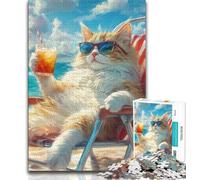 Jigsaw Puzzles for Teenagers 1000 Cat on Vacation Adult Puzzles,Stress Reliever Staycation Kill Time Parent-child Interaction 38x26cm