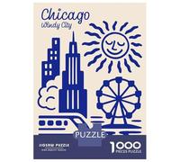 Jigsaw Puzzles for Teenagers 1000 Chicago Windy City Blue Illustration Puzzles for Adults Hands-on Game Stress Reliever Help The Brain Exercise 52x38cm/1000pcs