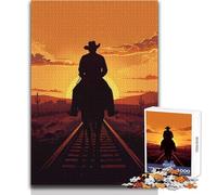 Jigsaw Puzzles for Teenagers 1000 Cowboy Silhouette on Railroad at Sunset Enjoyable Quiet Leisure Activity Premium Accurate Edge Craft Toy Size 38x52cm