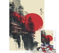 Jigsaw Puzzles for Teenagers 1000 Japanese Temple Waterfall Red Sun Art Home Decoration Toys Birthday Gift Relaxing Games Artists Collection, Fine Art Size 50x75cm