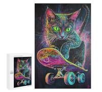 Jigsaw Puzzles for Teenagers 1000 PCS Neon Skateboarding Cat Art Print -4 Jigsaws for Adults Puzzle Hand Speed Race for Birthday, Chrismas Challenging Game Gifts 1000 PCS