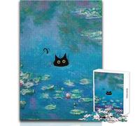 Jigsaw Puzzles for Teenagers 1000 Piece Black Cat in Monet's Water Lilies Unique Challenge Game Presents for Women Art Work Gift Size 38x26cm