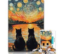 Jigsaw Puzzles for Teenagers 1000 Piece Black Cat Under The Night Sky Adult Jigsaw,Artistic Wall Decor & Birthday Gift Idea for Friends, Home Office 38x26cm