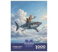 Jigsaw Puzzles for Teenagers 1000 Piece Cat Riding A Shark in The Sky Teenager Puzzles Brain Teaser Game Pattern Assembly Unique Birthday And Xmas Gifts 70x50cm/1000pcs