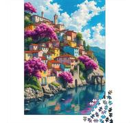 Jigsaw Puzzles for Teenagers 1000 Piece Charming Mediterranean Village with Pink Blossoms Jigsaw Puzzle Relax Games Difficult Hard Fun at Home Activities, 70x50cm/1000pcs